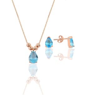 Söğütlü Silver Gümüş rose akuamarin renkli dorica damla kolye ve çivi modeli küpe seti
