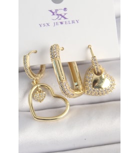 Pirinç Gold Renk Zirkon Taşlı Sallantı Kalp Model 3'Lü Kadın Kombin Küpe (Altın)