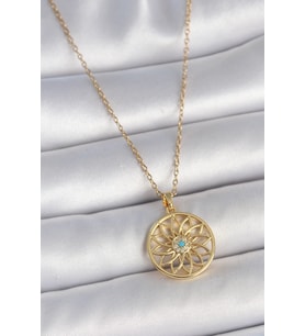 316L Çelik Gold Renk Zincr Mavi Taşlı Lotus Model Kadın Kolye 5886 - SSSSSS7997-4793