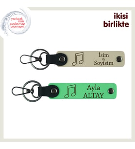 İki Kalp Bir Nota Gibi, İsim Yazılabilir Deri Anahtarlık Takımı, Sütlü Kahve-Fıstık Yeşil