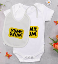 BK Kids Yum Yum Tasarımlı Bebek Body Zıbın ve Mama Önlüğü Hediye Seti - Model 1