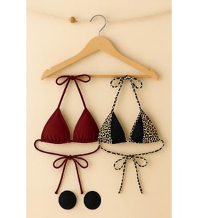 Kadın Leopar Desenli ve Bordo Minimal Kesim Üçgen Bikini Üstü