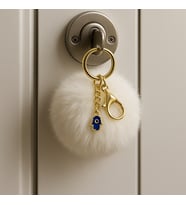 Peluş Pofuduk Ponpon Puf Beyaz Tüylü Mavi Nazar Boncuklu Ev Ofis Araba Telefon Cüzdan Çanta Anahtarlık (Beyaz Gold)