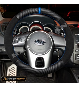 Kia Soul Dikme Direksiyon Kılıfı Alcantara Süet Mat Karbon Mavi Yüzük ve Dikiş AM Solu Tuşlu 2011-2014