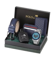 Polo Air Erkek Kol Saati Dama Desen Cüzdan Kemer Kartlık Parfüm Kombin Set Gümüş Mavi Renk PL-0992E2 (Mavi-Gümüş)