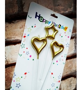 VIP GOLD HEART CANDLE 2 ADET METALİK GOLD KALPLİ PASTA MUMU 1 ADET YILDIZ MUM KALPLİ DOĞUM GÜNÜ MUMU