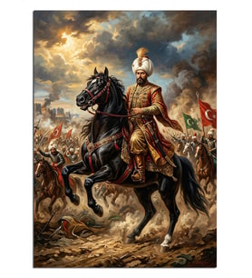 Siyah At Üzerinde Fatih Sultan Mehmet Dekoratif Kanvas - Mdf Ahşap Tablo
