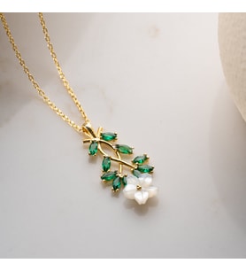 Vaoov 925 Ayar Gümüş Sedef Çiçekli Yeşil Taşlı Kolye (Gold)