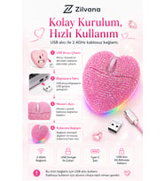Sevimli Parıltılı Kristal Taşlı Pembe Kalp Şeklinde Bilgisayar Faresi, LED Işıklı,2.4GHz ,Şarj Edilebilir USB Kablosuz Fare