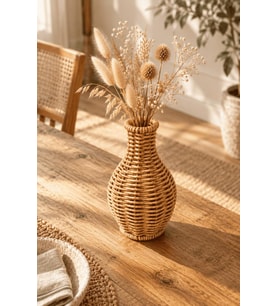 Atbyhome Doğal Hasır Rattan Amfora Çiçek Vazosu 16 cm - Masa Üstü Dekoratif El Örgüsü Kuru Çiçeklik Vazo