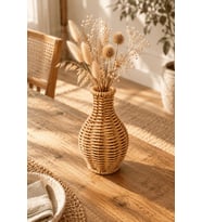 Atbyhome Doğal Hasır Rattan Amfora Çiçek Vazosu 16 cm - Masa Üstü Dekoratif El Örgüsü Kuru Çiçeklik Vazo