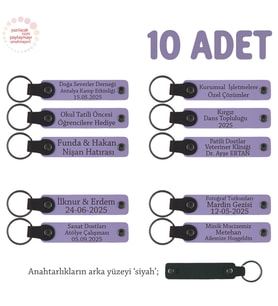 Yaratıcılık Atölyesi Mezunlarına Özel, 10'lu Set, İsim Yazılı Deri Anahtarlık, Mor Menekşe & Siyah (Lila - Mor)