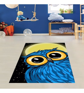 Gece Baykuş Desenli Halı Dijital Baskı Yıkanabilir Kaymaz Taban Leke Tutmaz Çocuk Odası Halısı (Mavi)
