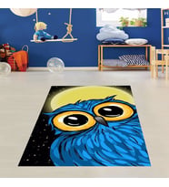 Gece Baykuş Desenli Halı Dijital Baskı Yıkanabilir Kaymaz Taban Leke Tutmaz Çocuk Odası Halısı (Mavi)
