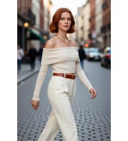 Kadın Ekru Carmen Yaka Fitted Crop Triko Kazak İlkbahar Sonbahar İçin Şık Ve Basic Tasarım