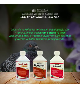 Royal İlaç Güvercinler İçin 500 Ml Mükemmel Üçlü Set (Acidoral+Pigeorex+Pantonic)