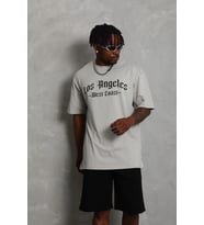 Erkek Baskılı Tişört Kısa Kol Bisiklet Yaka Oversize T-Shirt - Gri