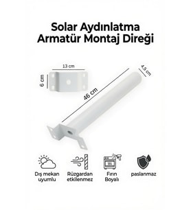 Solar Aydınlatma Armatür Montaj Direği 46 cm Fırın Boyalı Paslanmaz Dış Mekan Bahçe Duvar Direği