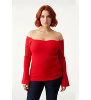 Kadın Triko Carmen Yaka Kazak Fitted Kalıp Fitilli Dokuma Uzun Reglan Kol Şık Bodycone Tasarım