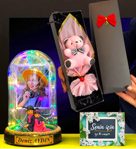 Size Özel Fotoğraflı İsimli Renkli Led Işıklı Fanus ve Kutusunda Pembe Ayıcık Buketi (Model 7)