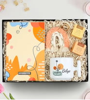 Kişiye Özel Turuncu Tasarım Defter & T Kupa & 2'li Teashop Bitki Çayı & Gökkuşağı Anahtarlık Hediye Seti