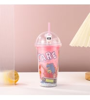 Dinozor Işıklı ve Pipetli Bardak, 450 ml, Boncuklu ve Kapaklı, Kırmızı, 20x8 (Kırmızı)