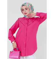 Yakası Kat Detaylı poplin Tunik-Fuşya