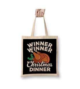 Winner Winner Christmas Dinner Turkey Yılbaşı Hindi Beyaz Bez Çanta Uzun Saplı Alışveriş Çantası