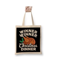 Winner Winner Christmas Dinner Turkey Yılbaşı Hindi Beyaz Bez Çanta Uzun Saplı Alışveriş Çantası