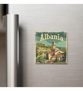 Arnavutluk Albania - Posta Pulu Temalı Ülke - Baskılı Buzdolap Magneti Kare - 9x9 cm