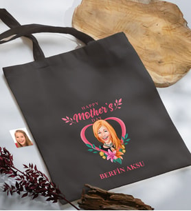 BK Gift Kişiye Özel Anneler Günü Karikatürlü Antrasit  Kumaş Bez Çanta, Baskılı Omuz Çantası, Alışveriş Çantası, Anneye Hediye-5