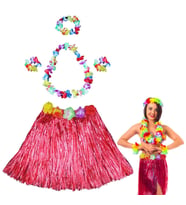 Hawaii Dans Kostümü – Kırmızı Hula Etek &amp; Çiçek Kolye Seti