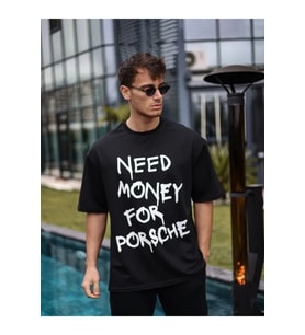 Unisex Bisiklet Yaka Baskılı Oversize T-Shirt - Siyah