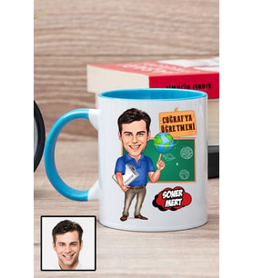 Erkek Coğrafya Öğretmenine Hediye Karikatürlü Mavi Kupa Bardak