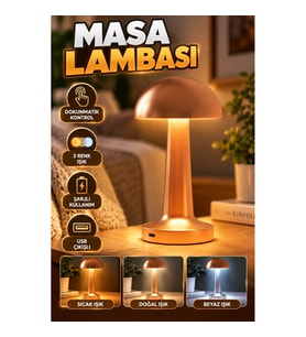 Şarjlı Bronz LED Masa Lambası – Dokunmatik 3 Renk Işık ve USB Çıkışlı