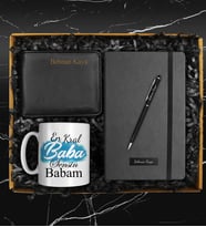 Babalar Gününe Özel Tasarım Kupa & Kişiye Özel Plakalı Defter & Cüzdan & Kalem Hediye Seti