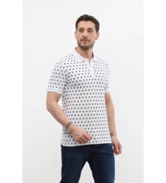 Erkek Polo Yaka Yelken Desenli %100 Pamuk Tişört (Beyaz)