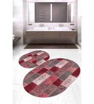 Dijital Baskılı Kaymaz Taban Yıkanabilir Oval 2'li Klozet Takımı Banyo Paspası NOKZ-HT-980 (Pembe)