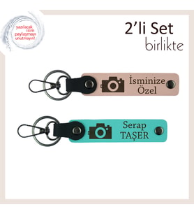 Lensin Ardındaki Kalp, Kamera Motifli, Kişiye Özel 2’li Anahtarlık Hediyesi, Yavru Ağzı-Turkuaz