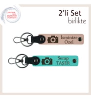 Lensin Ardındaki Kalp, Kamera Motifli, Kişiye Özel 2’li Anahtarlık Hediyesi, Yavru Ağzı-Turkuaz