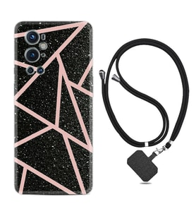 Tecno Spark 9 Pro Kılıf Resimli Boyun Askılı İpli Desenli Silikon Pembe Şeritli Mermer 1312