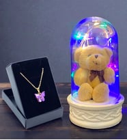 Özel Renkli Led Işıklı Tasarım Fanus ve Mor Kelebek Kolye Hediye Seti (Model 2)