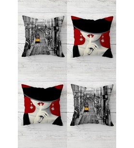 Tramvay ve Şapkalı Modern Kadın Gizli Fermuarlı Kırlent Kılıfı Koltuk Yastık Kılıfı Takım(4ADET) (Gri-Bordo)