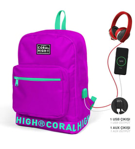 Coral High Koyu Pembe Nakış Logolu Dört Bölmeli USB Şarjlı Kulaklık Çıkışlı  Sırt Çantası 24102
