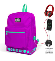 Coral High Koyu Pembe Nakış Logolu Dört Bölmeli USB Şarjlı Kulaklık Çıkışlı  Sırt Çantası 24102