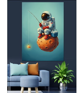 Astronot Balık Tutan Komik Dekoratif Kanvas - Mdf Ahşap Tablo
