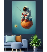 Astronot Balık Tutan Komik Dekoratif Kanvas - Mdf Ahşap Tablo