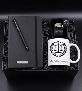 Avukatlara Özel Siyah Defter & Siyah Mat Roller Kalem & Adalet Temalı Kupa & Zippo Tarzı Çakmak Hediye Seti