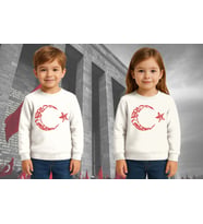 Unisex Ay Yıldızlı 19 Mayıs 29 Ekim 23 Nisan 10 Kasım Atatürk Çocuk 3 İplik Şardonlu Sweatshirt (Beyaz)