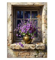 Mor Çiçekli Pencere Ve Vazo Manzarası Dekoratif Kanvas - Mdf Ahşap Tablo